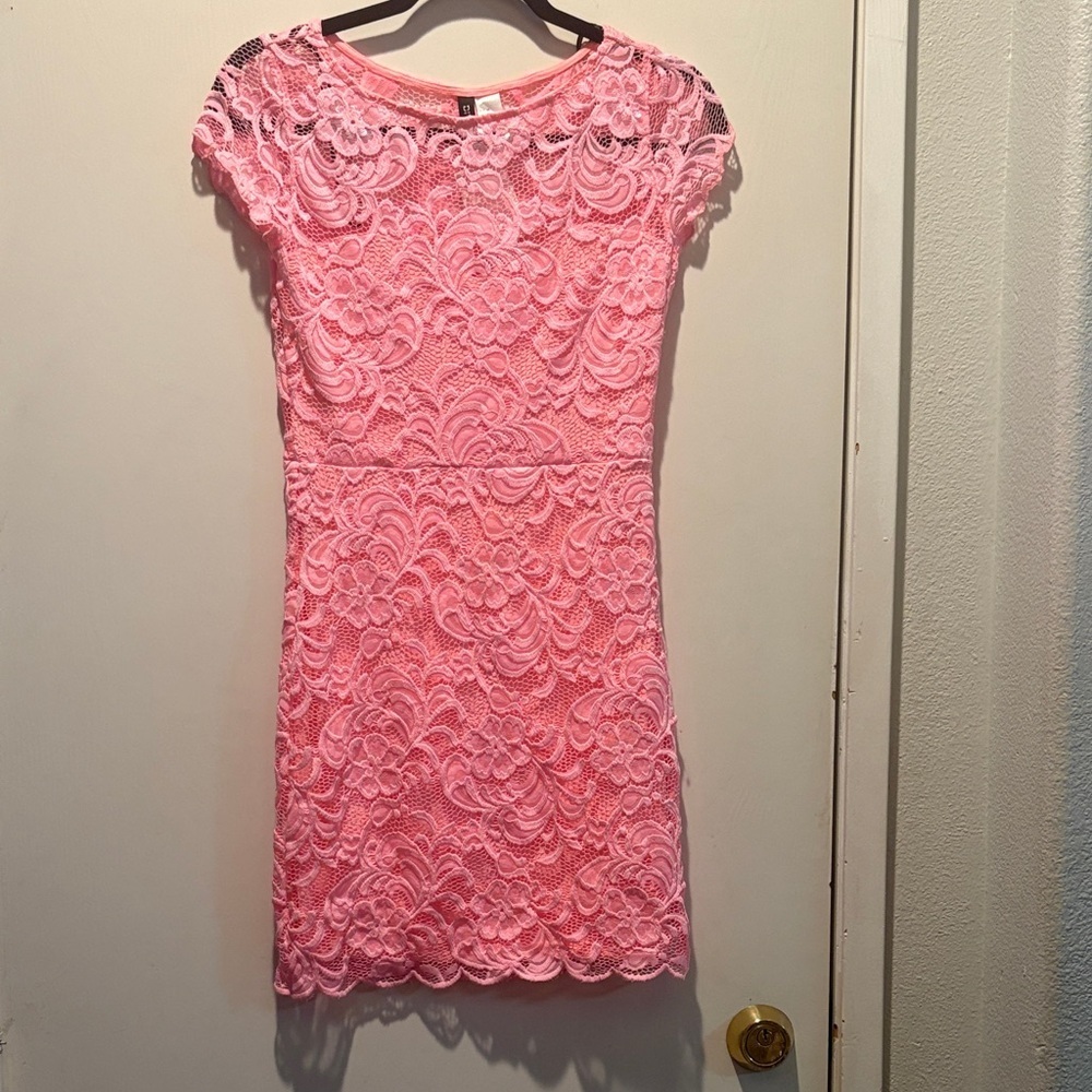 Divided Coral Pink Lace Mini Dress